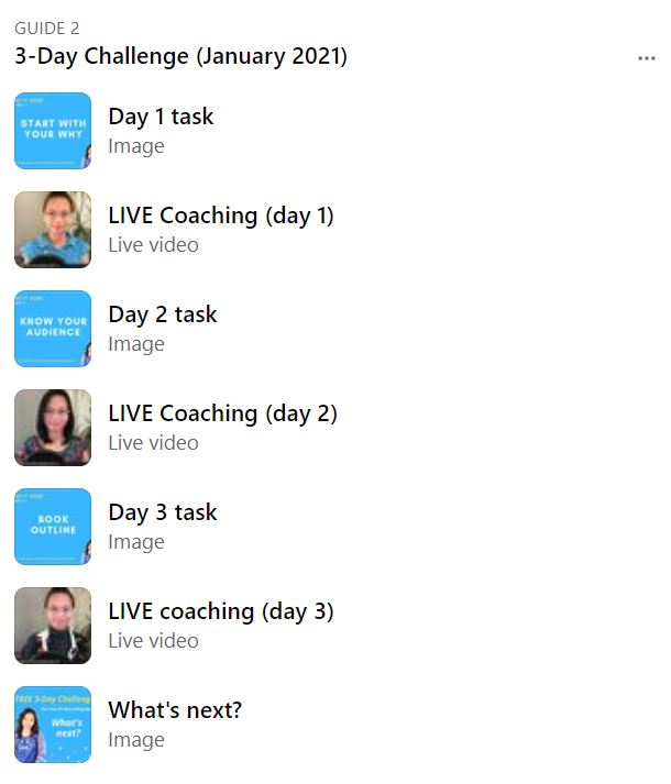 A three-day video course inside a Facebook group.
