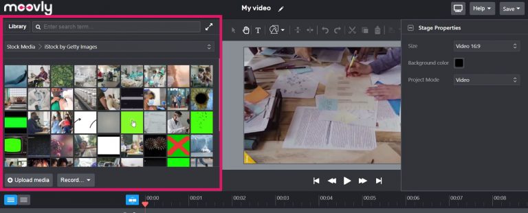 Moovly’s video editor and media library.